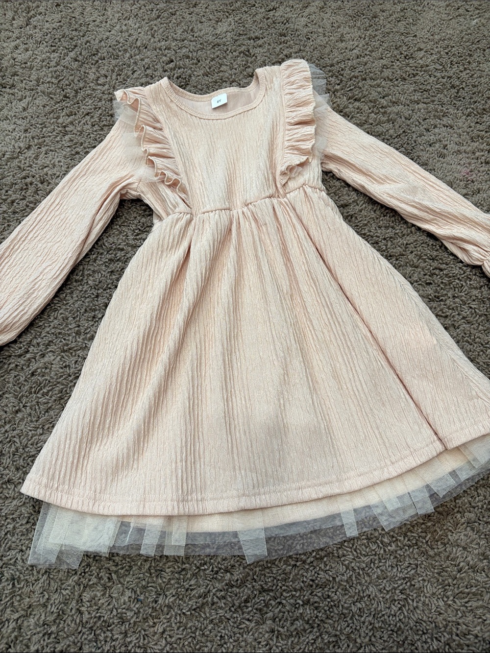 Amazon Girls' Cream Pink Ruffle Long-Sleeve Dress - Picture 4 of 6